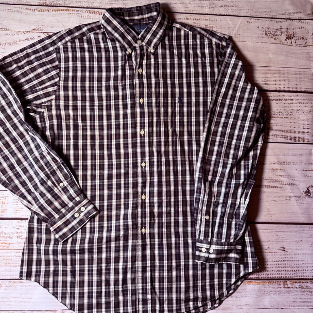 Polo Ralph Lauren Mens 16.5 34/35 Navy Plaid Button Down 100% Cotton Classic Fit